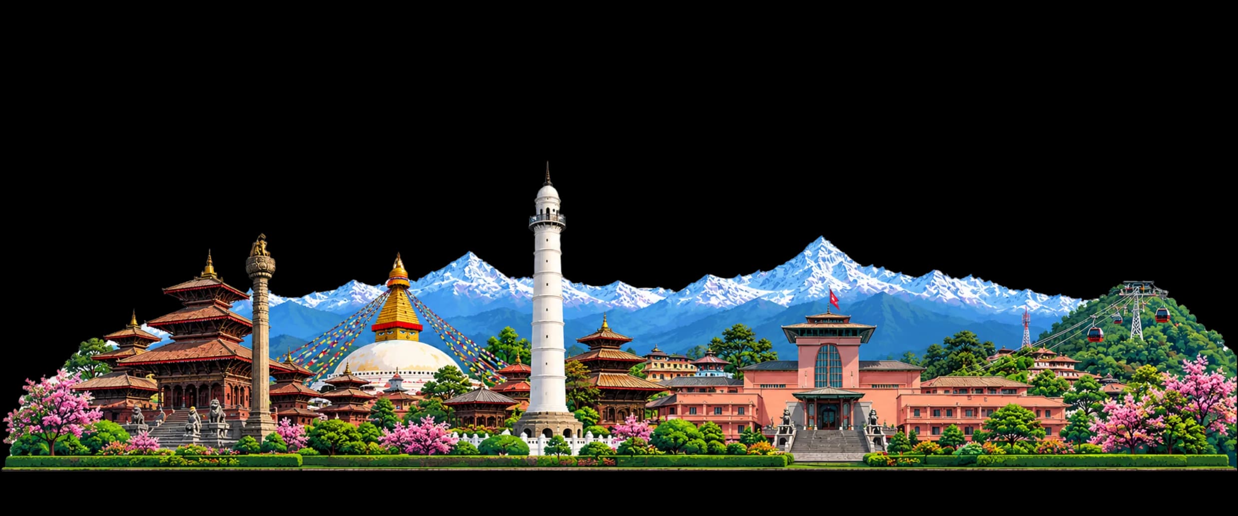 Illustrated Kathmandu skyline with pagoda temples, Boudhanath Stupa, Dharahara tower and the Himalayas behind